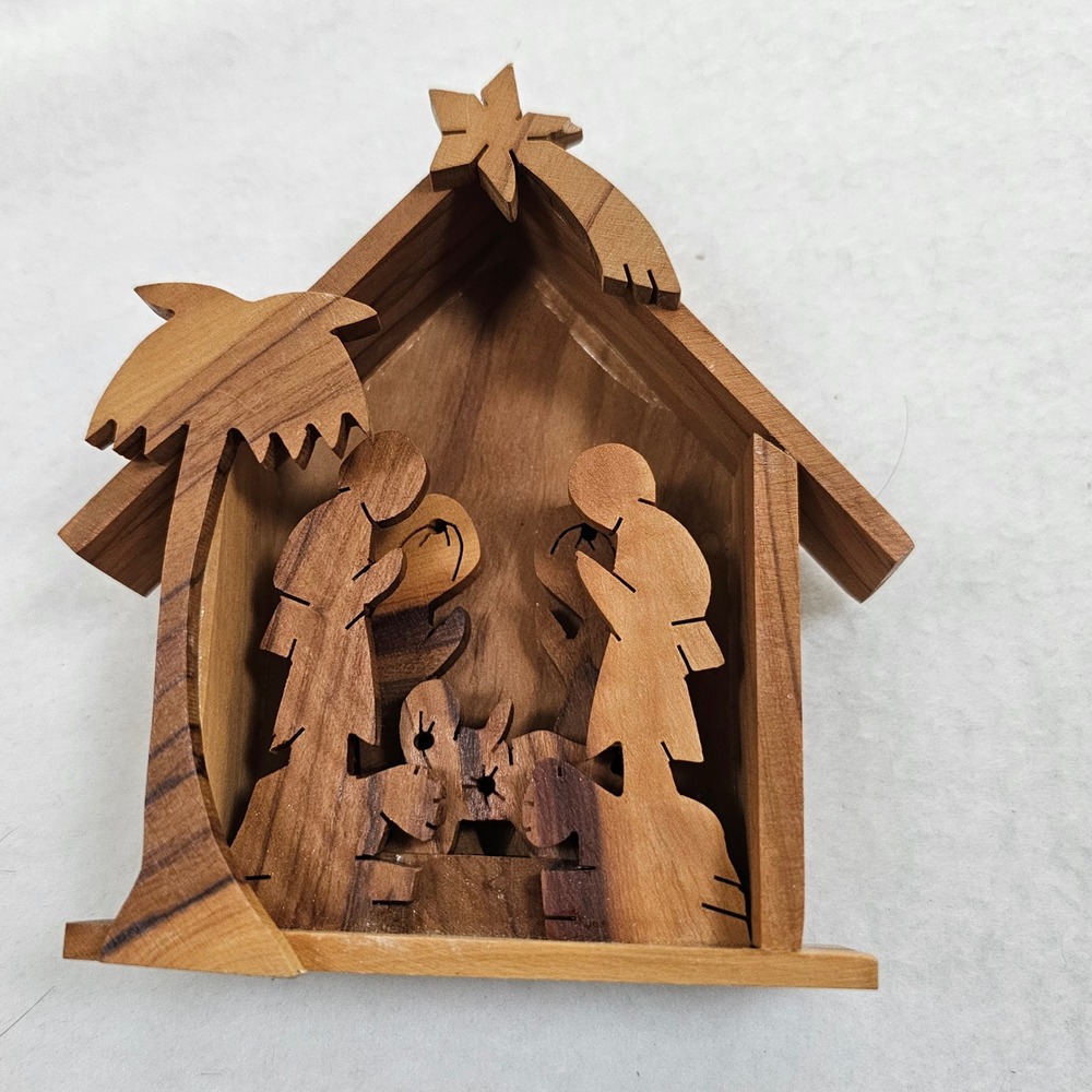 Handcrafted Olive Wood Nativity Scene Stable Silhouette Christmas Decor 4.5"